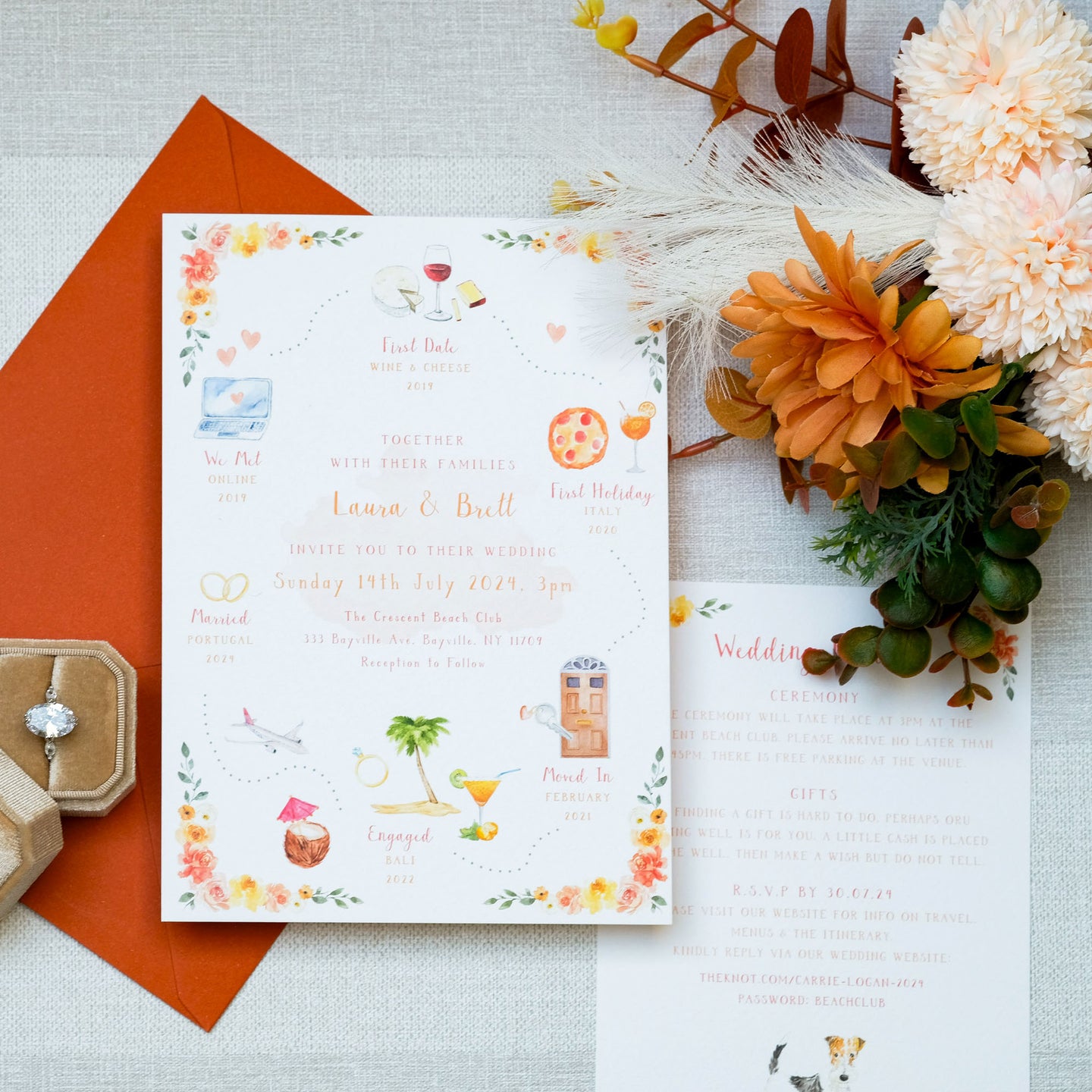 Illustrated custom orange love story wedding invitation to tell the story of where you met and how you got engaged, with watercolour flowers